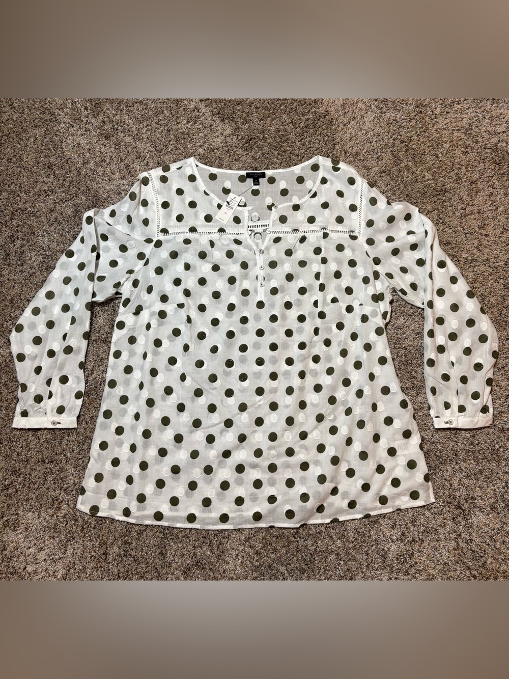 340. Talbots White Long-Sleeve Henley with Olive Polka Dots, Size 1X, NWT